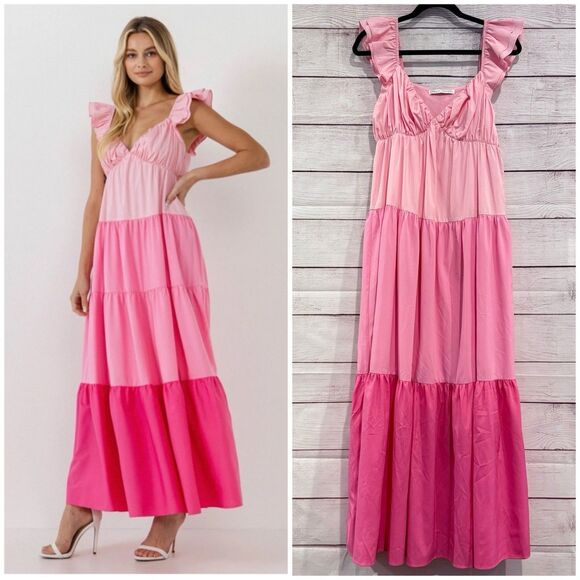 English Factory Size Small Pink Sweet Heart Color Block Tiered Maxi Dress Ruffle - Picture 1 of 11